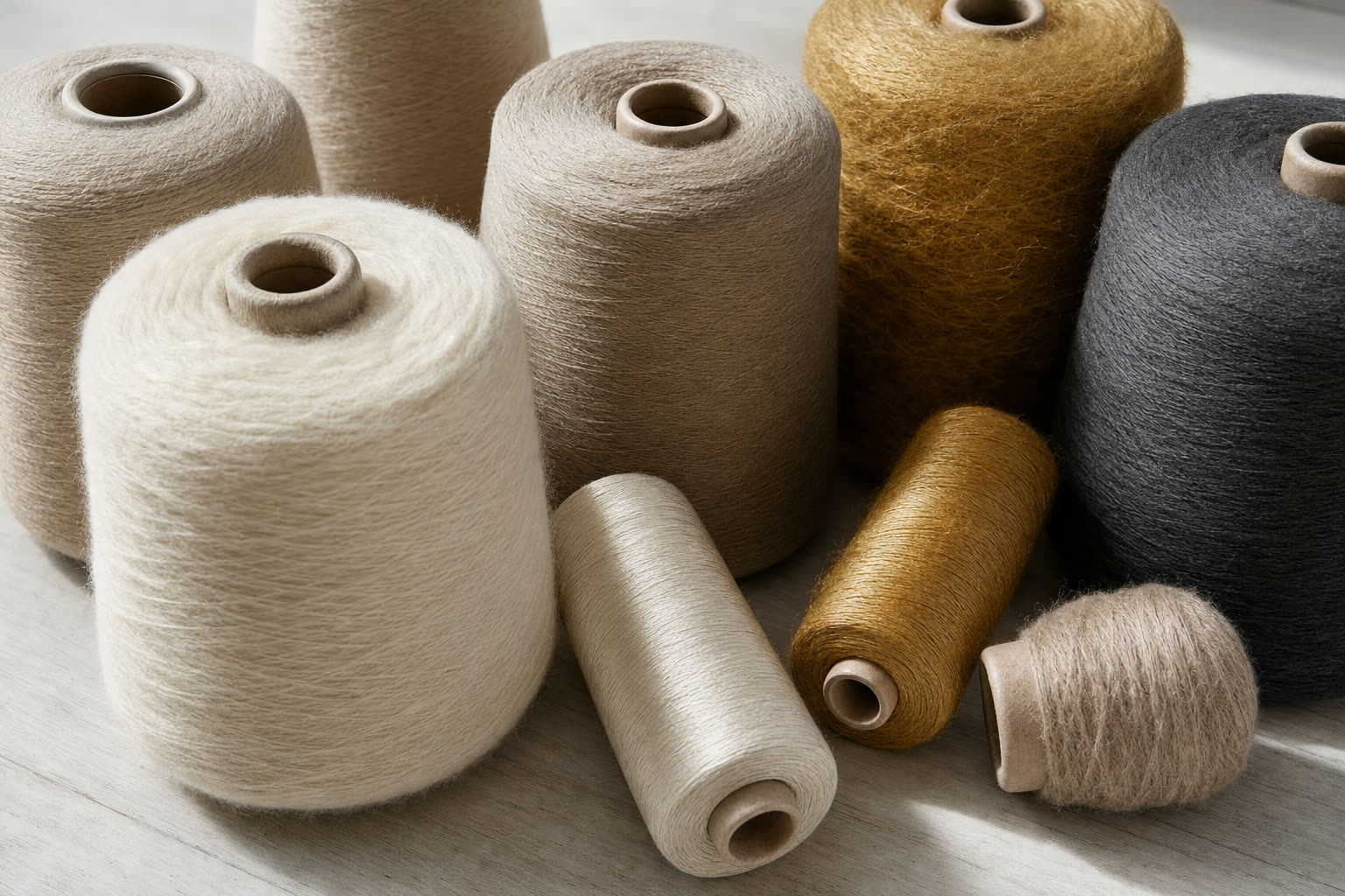 Rocche di filati in fibre nobili nei toni avorio, oro e grafite