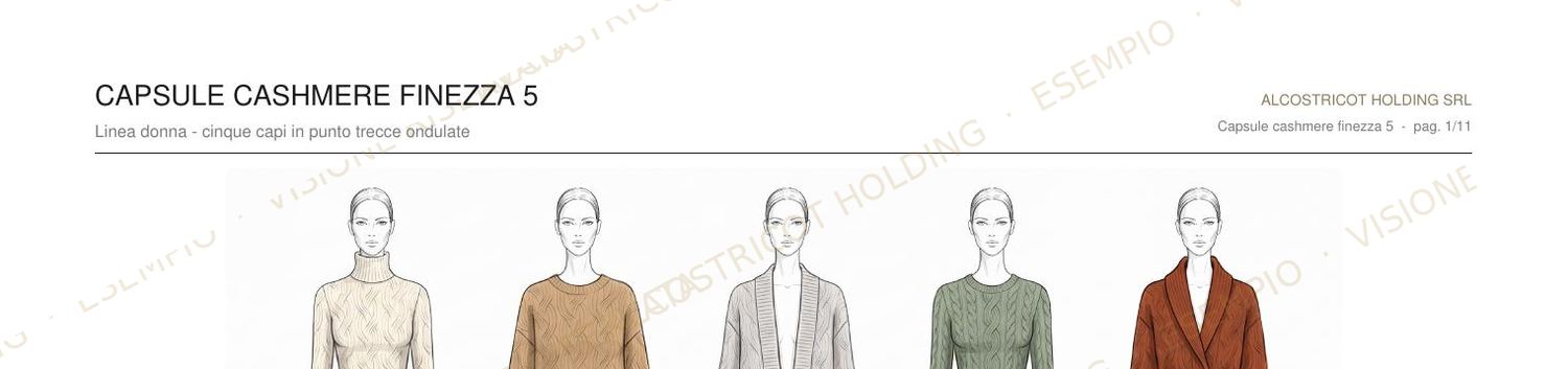 Tavola della linea completa della capsule cashmere finezza 5, con i figurini dei cinque capi, parte 1 di 3