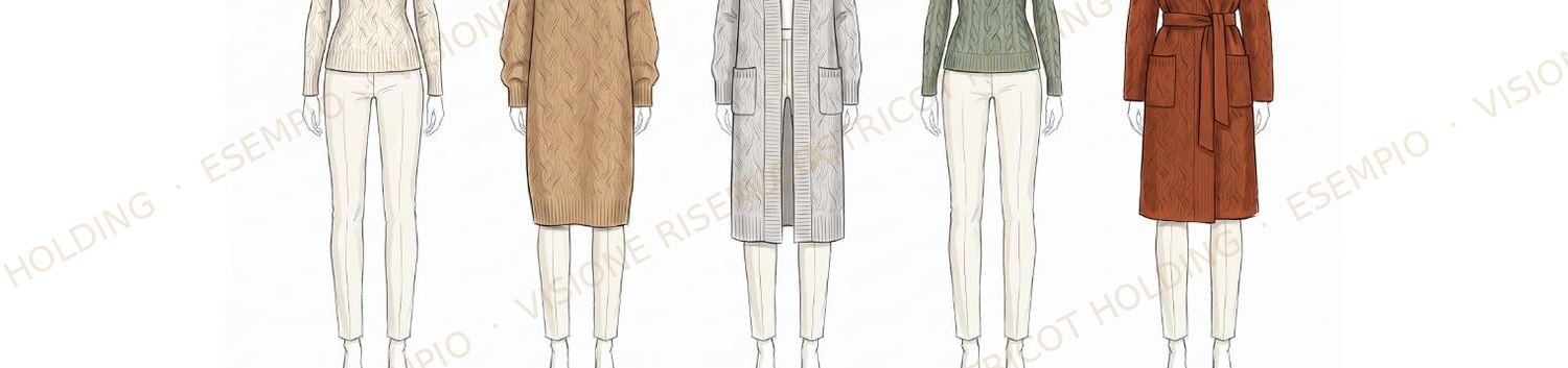 Tavola della linea completa della capsule cashmere finezza 5, con i figurini dei cinque capi, parte 2 di 3