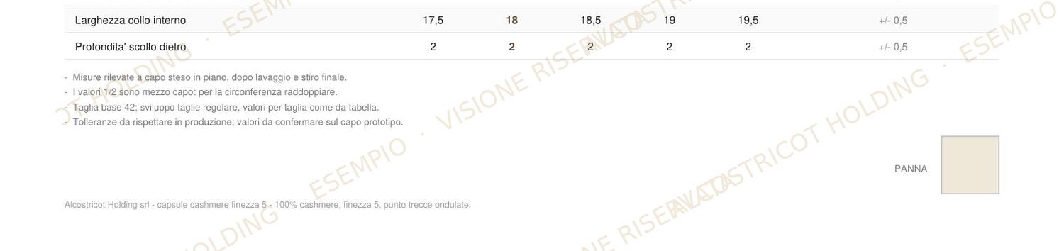 Tavola della tabella misure del capo AK-01 con le tolleranze di produzione, taglie 40-48, parte 3 di 3