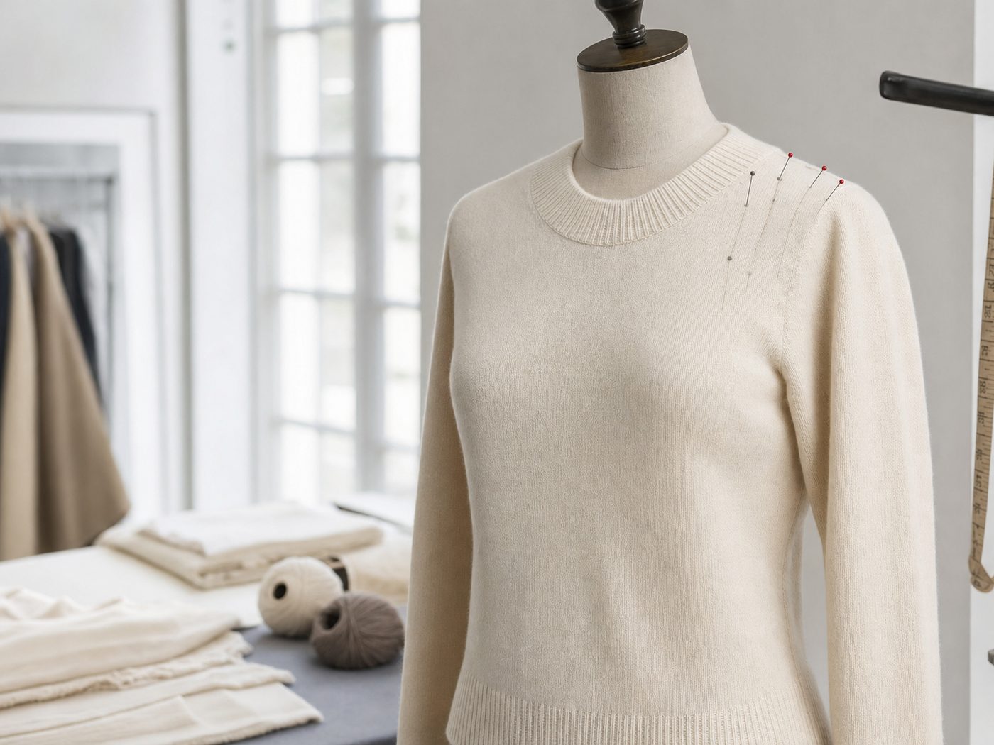Prototipo in maglia su manichino, fermato con spilli