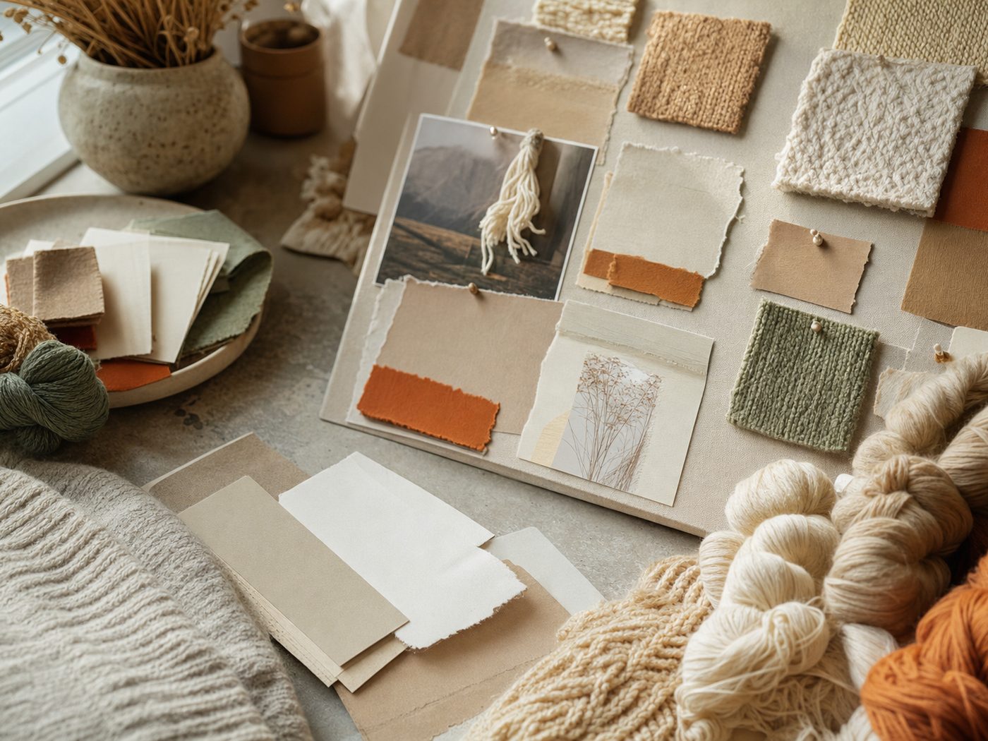 Moodboard di stagione con cartelle colori e filati